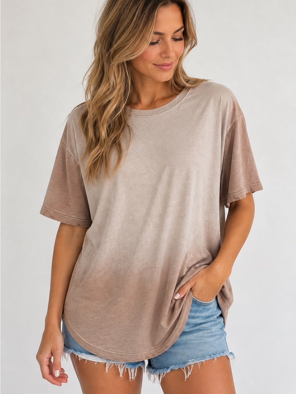PacSun Scallop Fit Oversized T-Shirt Size L Taupe Brown Longline Tee